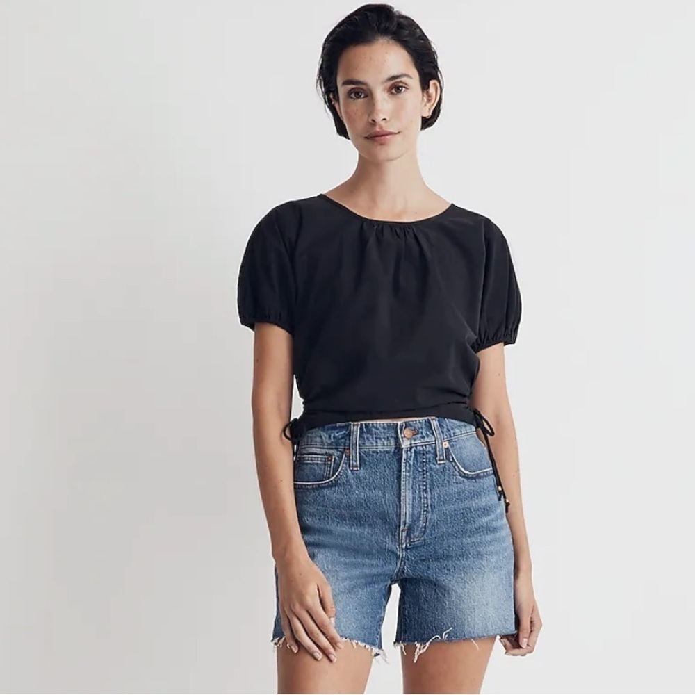 Madewell Embroidered Poplin Puff-Sleeve Cutout Crop Top true black